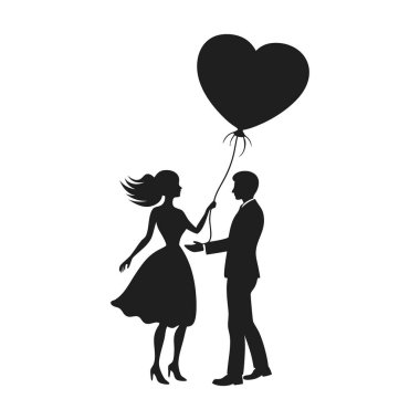 Aşk, neşe ve bağlantıyı sembolize eden kalp şeklinde bir balon tutan romantik bir çiftin çekici vektör silueti. Bu zarif siyah-beyaz tasarım Sevgililer Günü temaları, romantik tebrik kartları, düğün davetiyeleri ve aşk için ideal.