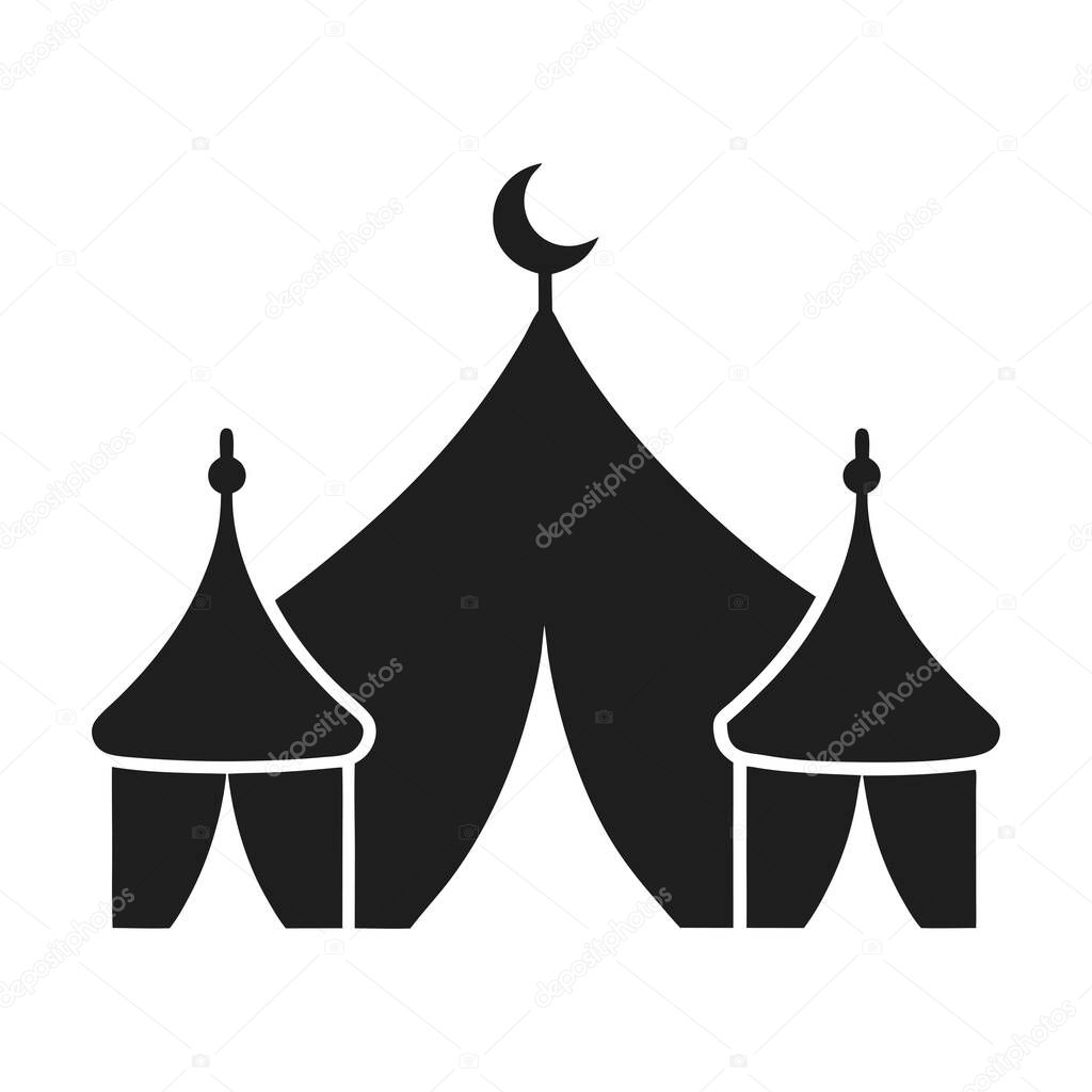A traditional Bedouin tent with a crescent moon symbol, perfect for representing nomadic culture, desert life, or Islamic heritage. This versatile vector is available in black and white and is ideal for various design projects, including logos, illus