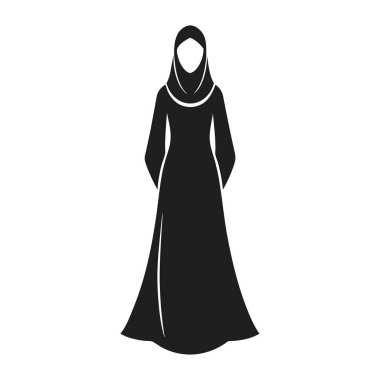 Geleneksel tesettür ve uzun akıcı elbise giyen zarif bir İslami kadın siluetinin vektör çizimi. Kültür, moda ve İslam sanatı için mükemmel..