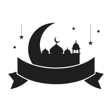 İslami hilal, cami silueti ve kurdele pankartı içeren zarif bir vektör illüstrasyonu. Ramazan, bayram kutlamaları, İslami etkinlikler, tebrik kartları, posterler, davetiyeler ve afişler için mükemmel. Adobe üzerinde dijital ve yazdırma kullanımı için ideal