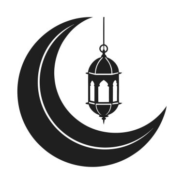 Süslü bir fenerle İslami Hilal 'in zarif siyah siluet vektörü. Ramazan, Kurban Bayramı, İslami kutlamalar ve dijital ve baskı kullanımı için ruhani temalı tasarımlar için ideal.