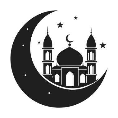 Minareleri ve yıldızlarla çevrili hilal aylı İslami bir caminin zarif siyah silueti. Ramazan, bayram kutlamaları, İslami festivaller ve ruhani temalı dijital veya yazılı tasarımlar için ideal.