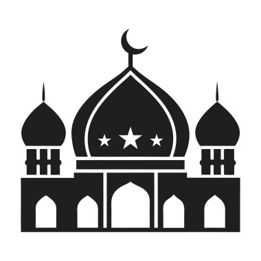 Büyük bir kubbe, hilal ay ve yıldızların bulunduğu bir İslam camisinin siyah siluet vektör çizimi. Ramazan, Kurban Bayramı, İslami mimari tasarımlar, dini projeler, tebrik kartları ve şenlik geçmişi için ideal.