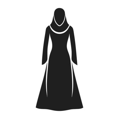 Siyah siluet tarzında tesettür ve geleneksel elbise giyen Müslüman bir kadının basit ve zarif bir tasviri. İslami kültürel temalar, moda tasarımları, markalaşma, eğitim materyalleri ve dini veya kültürel projeler için mükemmel. F