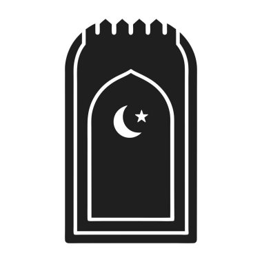 Hilal ay ve yıldızlı İslami dua paspasının şık silüeti. Dini, kültürel ve ruhani projeler, Ramazan temaları, cami dekoru ve İslami grafik tasarımlar için mükemmel. Yüksek kaliteli siyah-beyaz vektör illüstrasyon suitesi