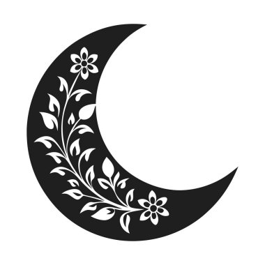 Karmaşık çiçek desenleriyle süslenmiş hilal şeklindeki bir ayın güzel vektör çizimi. Bu siyah ve beyaz siluet İslami, dekoratif ve kültürel projeler için idealdir, Ramazan temaları, şenlik tasarımları ve dijital veya yazdırma kullanımı için mükemmeldir..