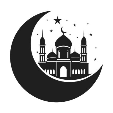 Yıldızlı bir gökyüzünün altında camiyi kucaklayan hilal şeklindeki bir ayın güzel bir siluet vektör çizimi. İslam, Ramazan ve Kurban Bayramı temalı tasarımların yanı sıra ruhani ve dekoratif sanat eserleri için idealdir..