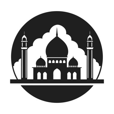 Yuvarlak bir çerçeve içinde kubbeler ve minareler bulunan bir İslam camisinin güzel tasarlanmış siyah-beyaz siluet vektörü. Dini temalar, kültürel projeler, Ramazan tasarımları ve mimari çizimler için mükemmel.