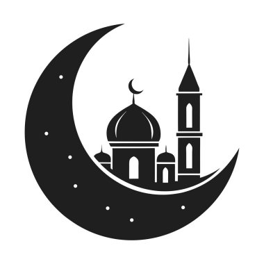 Kubbe üzerinde hilal ve minare olan İslami bir camiyi çevreleyen hilal şeklindeki siyah bir siluet. Ramazan, bayram kutlamaları, İslami bayramlar ve kültürel tasarımlar için mükemmel. Tebrik kartları, posterler ve dekoratif projeler için ideal.