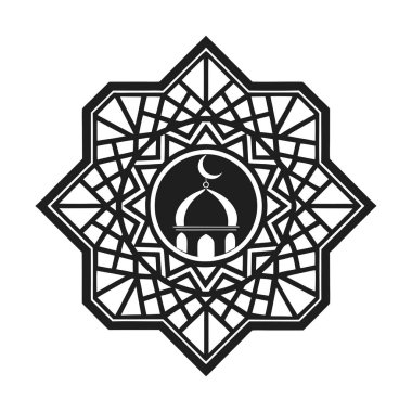 Cami siluetini hilal ay ile çevreleyen karmaşık desenleri içeren güzel bir İslami geometrik tasarım. Dini, kültürel veya sanatsal projelerde kullanılmak için ideal.