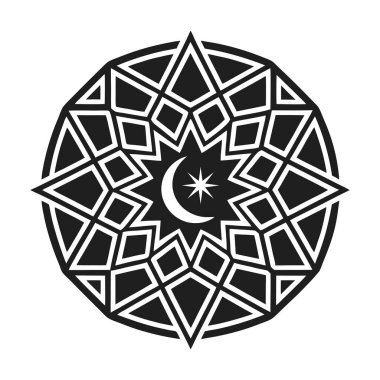 Merkezinde hilal ve yıldız bulunan detaylı bir İslami geometrik yıldız deseni. İslam sanatı, kültürel tasarımlar ve dekoratif projeler için mükemmel..