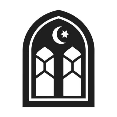 Hilal ay ve bir yıldız içeren zarif İslami stil kemer pencere tasarımı. Bu minimalist siyah vektör Ramazan, Kurban Bayramı, cami dekorasyonları ve İslam sanat projelerinde kullanılmak için idealdir. Pankartlar, davetiyeler, duvar kağıtları ve mimari için mükemmel.