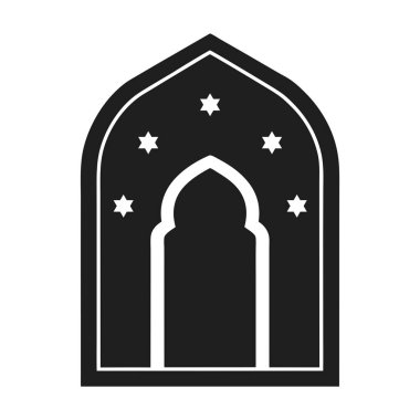 Yıldız desenleriyle süslenmiş, kültürel ve mimari sanat eserleri sergilenen İslami tarzda bir kemer kapısının zarif siyah silüeti. Dini, dekoratif ve tasarım projeleri için mükemmel..
