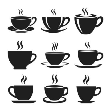 İçinde dumanı tüten fincanlar bulunan dokuz adet şık kahve fincanı silueti çizimi. Kafe markalaşması, menü tasarımları, kahve ile ilgili projeler, logolar, ambalajlar ve dijital sanat eserleri için mükemmel. Bu çok yönlü simgeler modern ve minimaliyle harmanlanır