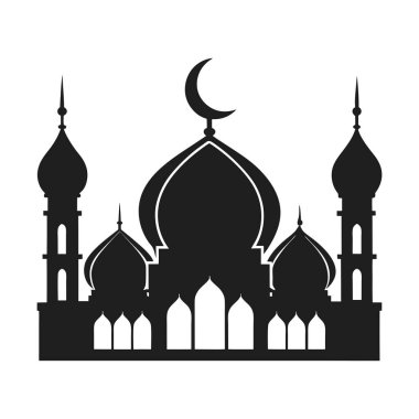 Kubbeleri ve minareleri olan zarif bir caminin siyah siluetinde hilal şeklinde bir ay var. İslam, dini ve kültürel temalar için ideal, Kurban Bayramı, Ramazan ve diğer festival tasarım projeleri için mükemmel. Pankartlarda ve davetiyelerde kullanılabilir,