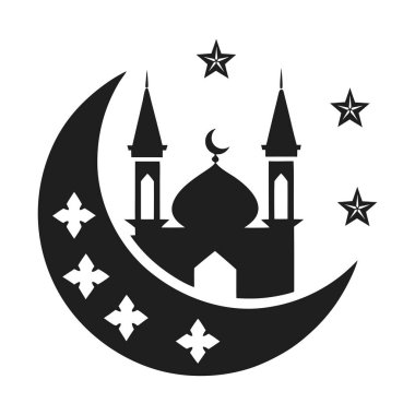 Yıldızlarla çevrili kubbeleri ve minareleri olan bir camii içeren büyüleyici bir hilal şeklindeki siyah siluet. İslam sanatı, Ramazan, bayram kutlamaları ve kültürel veya dini tasarım projeleri için mükemmel. Logolar, posterler, davetiyeler ve d için ideal.