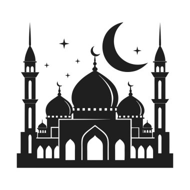 Kubbeleri, minareleri, hilal ayı ve yıldızları olan bir İslam camisinin zarif siyah silueti. Ramazan, bayram kutlamaları, İslam sanatı ve dini veya kültürel tasarım projeleri için ideal. Posterler, davetiyeler, logolar ve dekoratif tasarımlar için mükemmel.