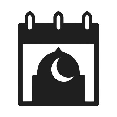 İçinde bir cami kubbesi ve hilal sembolü bulunan bir İslam takviminin minimalist siyah-beyaz vektör çizimi. Ramazan, bayram etkinlikleri, İslam bayramları, dua programları ve dini temalı projeler için mükemmel.