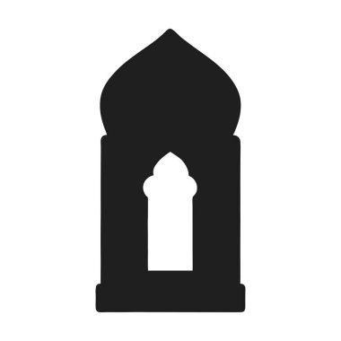 Merkezi kemerli pencereli İslami bir kubbenin parlak siyah silüeti, geleneksel İslami mimariyi temsil ediyor. Kültürel tasarımlar, dini temalar ve mimari projeler için ideal.