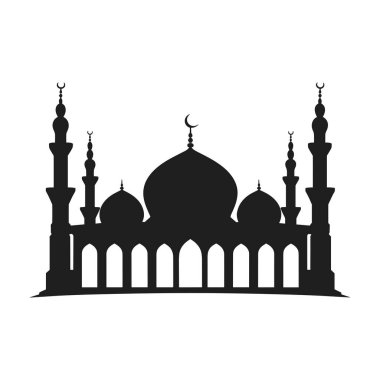 Karmaşık kubbeler, hilal ay aksanları ve uzun minareler içeren bir cami siluetinin çarpıcı bir vektör çizimi. İslami tasarım, kültürel projeler ve mimari temalar için mükemmel.