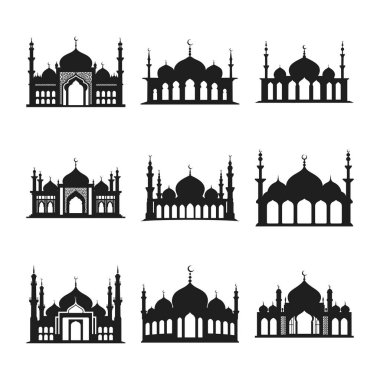 Karmaşık kubbeler, yüksek minareler ve ayrıntılı İslami mimari tarzlar içeren çeşitli cami siluetleri içeren birinci sınıf bir vektör seti. İslam kültür projelerinde, Ramazan 'da, bayramda veya herhangi bir dini temalı tasarımda kullanılmak için ideal.