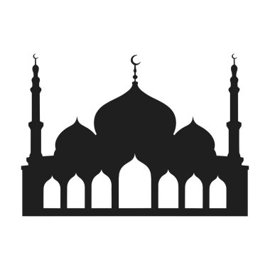 Simetrik kubbeler, uzun minareler ve klasik İslami tasarım elementlerinin yer aldığı bir cami siluetinin gösterişli ve zarif bir temsili. Ramazan, bayram ve İslami temalı görseller gibi dini, kültürel veya festival projeleri için ideal.