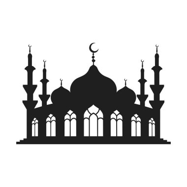 Karmaşık kubbeler, uzun minareler ve geleneksel İslami tasarım elementlerinin yer aldığı bir cami siluetinin ayrıntılı bir temsili. Ramazan, bayram kutlamaları, İslami temalı tasarımlar ve kültürel sanat eserleri için mükemmel.