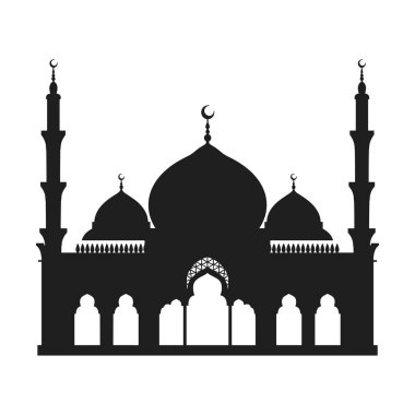Kubbeler, minareler ve hilal aylarıyla geleneksel İslami mimariyi gösteren çarpıcı cami silueti vektör illüstrasyonları. Ramazan, Bayram ve İslam temalı tasarımlar için mükemmel.