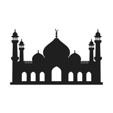 Karmaşık kubbeler, uzun minareler ve hilal ayrıntıları içeren bir İslam camisinin güzel siyah siluet vektörü. İslam temalı tasarımlar, Ramazan, bayram kutlamaları ve kültür projeleri için ideal.