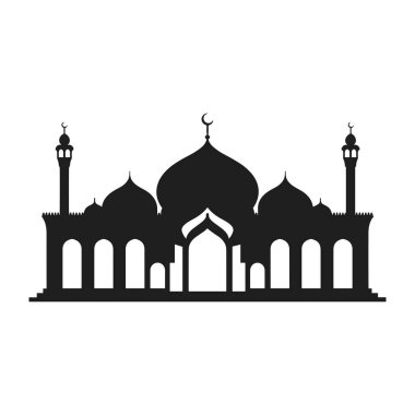 Zarif kubbeler, minareler ve hilal şeklinde ay içeren bir caminin yüksek kaliteli siyah siluet vektörü. İslam sanatı, Ramazan, bayram kutlamaları ve kültürel veya dini tasarımlar için mükemmel.