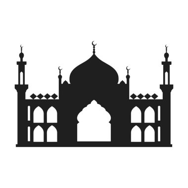 Karmaşık kubbeler, yükselen minareler ve geleneksel İslami mimari unsurların yer aldığı güzel yapılmış bir cami silueti vektörü. Ramazan, bayram tasarımları, İslami sanat, kültür mirası projeleri ve dini temalı grafikler için ideal.