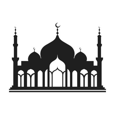 Karmaşık kubbeleri ve uzun minareleri olan bir İslam camisinin güzel siyah silueti. Ramazan, Kurban Bayramı, dini etkinlikler, kültür projeleri ve İslami temalı tasarımlar için ideal.