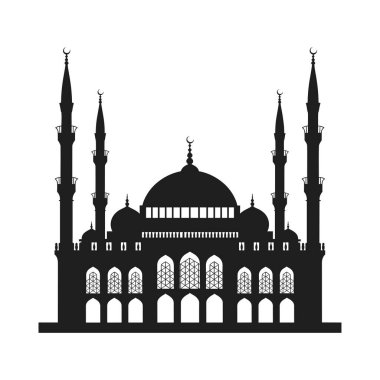 Ayrıntılı kubbeler, yüksek minareler ve karmaşık pencere tasarımları içeren büyük İslam camiinin çarpıcı siyah siluet vektör çizimi. Ramazan, Bayram ve İslam kültürü veya dini temalı projeler için mükemmel.