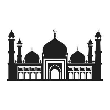 Karmaşık kubbeler, uzun minareler ve süslü bir giriş içeren İslam camisinin güzel tasarlanmış bir siluet vektör çizimi. Ramazan, Kurban Bayramı ve kültürel veya dini temalı projelerde kullanılmak için ideal.