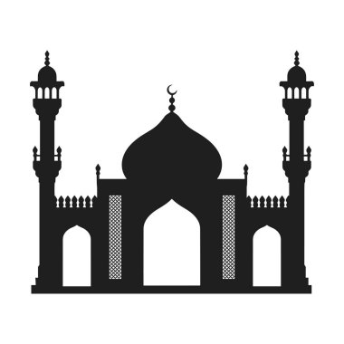 Süslü minareler ve kubbelerin yer aldığı bir caminin ayrıntılı siluet vektörü, İslam sanatı, kültürel tasarımlar ve Ramazan ve Kurban Bayramı gibi şenlikleri için mükemmel..