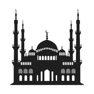 Karmaşık kubbeler, yüksek minareler ve zarif Arap mimari ayrıntılarının yer aldığı büyük İslam camiinin çarpıcı siyah silueti. Bu yüksek kaliteli vektör illüstrasyonu Ramazan, Kurban Bayramı, İslami kutlamalar, tebrik kartları, poziyonlar için mükemmeldir.