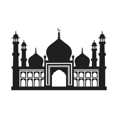 Kubbeler, minareler ve karışık Babür tarzı mimarinin yer aldığı bir İslami caminin çarpıcı siyah siluet vektörü. Ramazan, Kurban Bayramı, İslami kutlamalar, tebrik kartları, afişler, markalar, davetiyeler ve kültürel sanat eserleri için mükemmel. Bu selam.