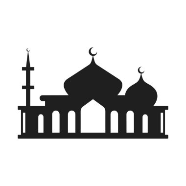 Kubbeler, minare ve geleneksel İslami mimari öğelerin yer aldığı bir caminin basit ama zarif siyah siluet vektörü. Ramazan, Kurban Bayramı, İslami kutlamalar, tebrik kartları, afişler, davetiyeler, markalaşma ve kültür projeleri için ideal.