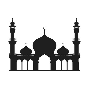 Karmaşık kubbeleri, minareleri ve İslami mimari unsurları olan bir caminin güzel tasarlanmış siyah siluet vektörü. Ramazan, Kurban Bayramı, İslami festivaller, tebrik kartları, posterler, davetiyeler ve kültürel projeler için mükemmel. Bu çok yönlü ve