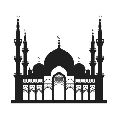 Büyük kubbeler, karmaşık kemerler ve yüksek minareler içeren güzel tasarlanmış bir İslami cami silueti. Bu vektör Ramazan, bayram kutlamaları, İslami tebrik kartları, posterler ve dijital veya basılı tasarımlar için mükemmeldir. A