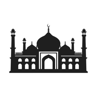 Büyük kubbeler, uzun minareler ve karmaşık bir kemerli giriş içeren bir İslam camisinin çarpıcı siyah siluet vektörü. Bu zarif ve minimalist tasarım İslami temalar, Ramazan kutlamaları, bayram süslemeleri, dini gönderiler için mükemmeldir.