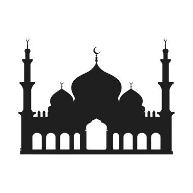 Kubbeleri, minareleri ve karmaşık kemerleri olan güzel tasarlanmış bir İslami cami silueti. Bu zarif vektör Ramazan, bayram kutlamaları, İslami tebrik kartları, posterler, dini temalı tasarımlar ve 