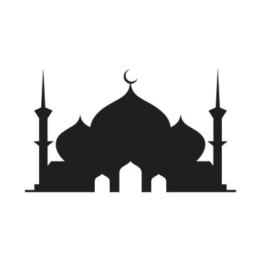 Zarif kubbeleri, yüksek minareleri ve hilal ayıyla güzel tasarlanmış bir İslami cami silueti. Bu minimalist sanat eserleri İslami temalar, Ramazan ve bayram kutlamaları, dini grafikler ve kültür posterleri için ideal.,