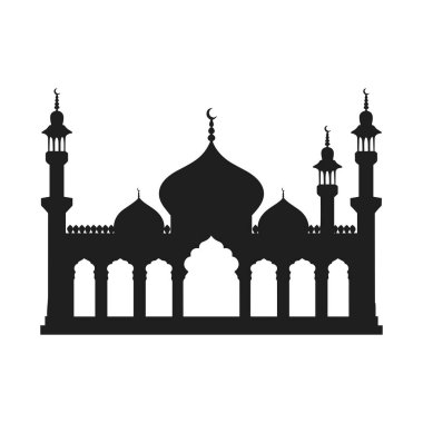 Büyük kubbeler, karmaşık minareler ve kemerli girişler içeren bir İslam camisinin çarpıcı siyah siluet vektörü. Bu sanatsal tasarım, İslam temalı projeler, Ramazan ve bayram kutlamaları, kültürel grafikler, dini sanat eserleri için idealdir.