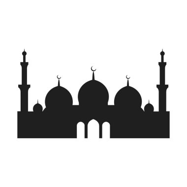 Büyük kubbeler, uzun minareler ve kemerli girişler içeren güzel tasarlanmış bir İslami cami silueti. Bu zarif ve minimalist illüstrasyon dini projeler, Ramazan ve bayram kutlamaları, İslam sanatı ve