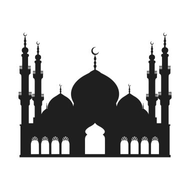 Büyük kubbeler, yüksek minareler ve karmaşık kemerler içeren güzel tasarlanmış bir İslami cami silueti. Bu zarif illüstrasyon Ramazan, bayram kutlamaları, İslam sanatı, kültür projeleri, tebrik kartları için mükemmeldir.