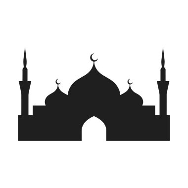 Zarif kubbeler, hilal ayları ve minareler içeren güzel tasarlanmış bir İslami cami silueti. Bu minimalist tasarım İslam sanatı, Ramazan, bayram, dini temalar, davetiyeler, posterler, tebrik kartları ve küp için idealdir.