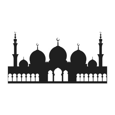 Büyük kubbeler, yüksek minareler ve karmaşık kemerler içeren bir İslami caminin güzel bir şekilde işlenmiş siyah siluet vektörü. Bu zarif tasarım İslami mimariyi sembolize eder ve Ramazan, Kurban Bayramı, İslami tebrik kartları için mükemmeldir.