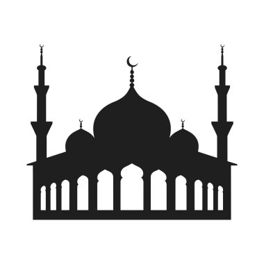 Görkemli kubbeleri, minareleri ve karmaşık kemerleri olan bir İslam camisinin çarpıcı siyah silueti. Bu sanatsal tasarım geleneksel Müslüman mimarisini temsil ediyor ve Ramazan, Kurban Bayramı, İslami tebrik kartları, davetiyeler, posterler için ideal., 