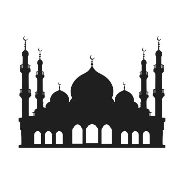 Büyük kubbeleri, yüksek minareleri ve karmaşık kemerleri olan güzel tasarlanmış bir İslami cami silueti. Ramazan, Kurban Bayramı, İslami etkinlikler, tebrik kartları, posterler, dini afişler ve kültürel sanat eserleri için ideal. İkisi için de mükemmel. 